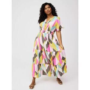 NWT Torrid 0 L 12 Giant Geo Tiered Maxi Dress Plus Pink Yellow Pockets